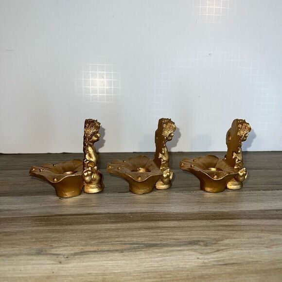 Vintage Ornate Cherub Candle Holder Angels Set 3 Gold Tone Hollywood Regency - Picture 4 of 7
